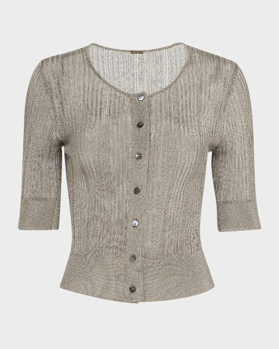 Metallic Rib Short-Sleeve Cardigan